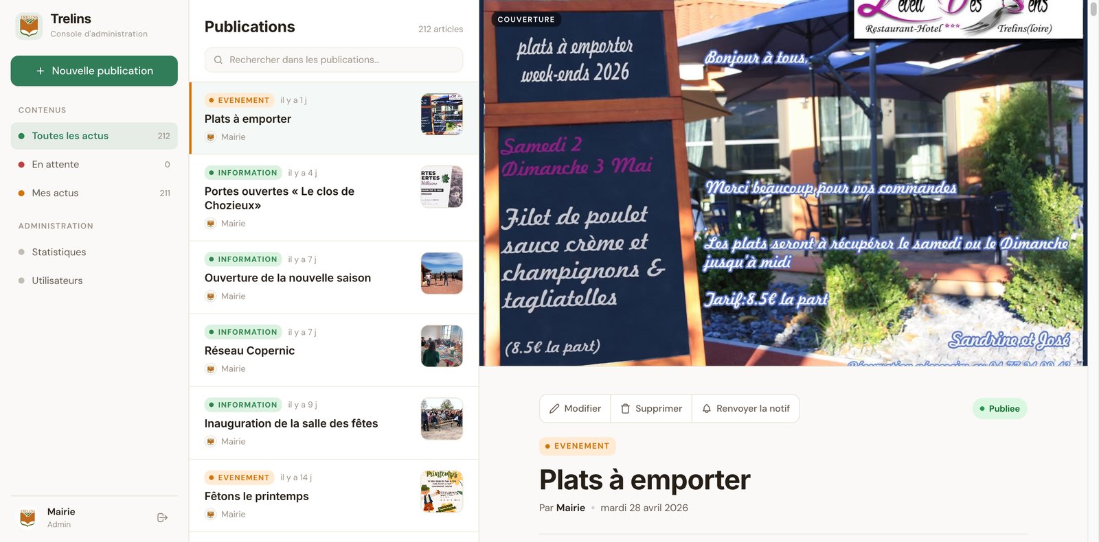 Dashboard d'administration : liste des publications avec aperçu d'un article